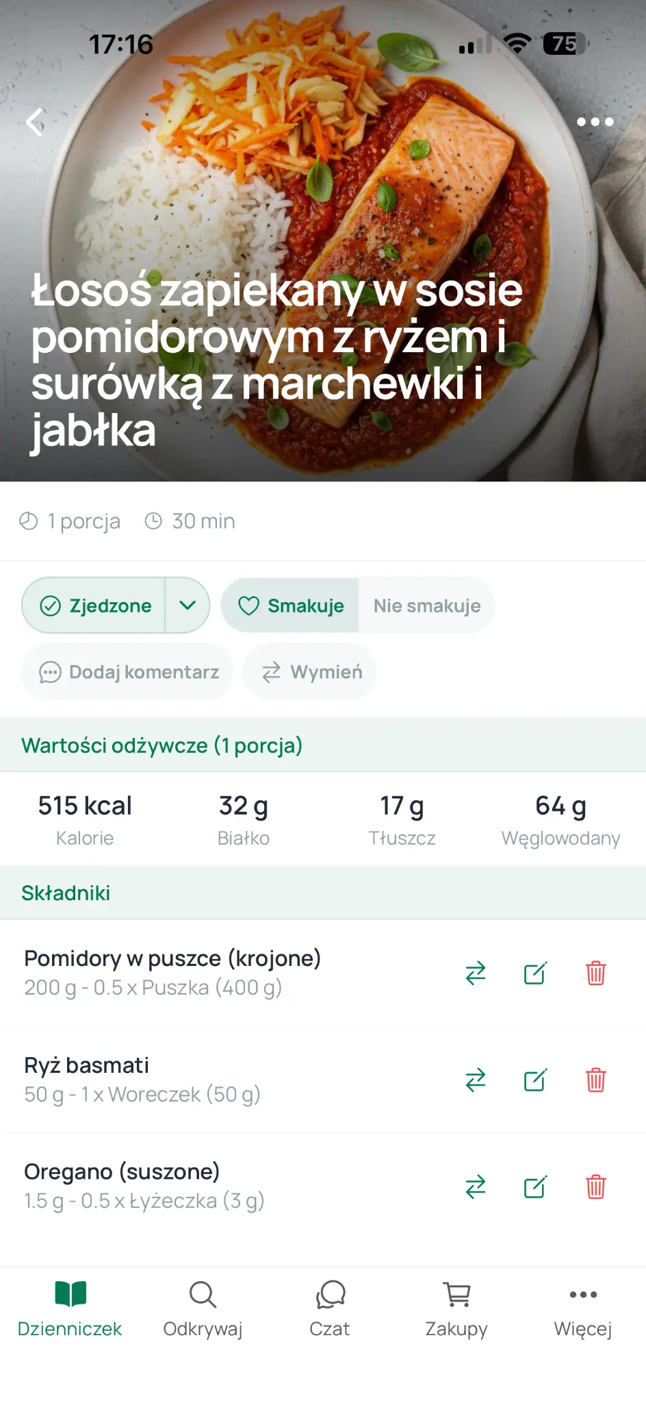 Przepis ze zdjęciem posiłku, kaloriami i makroskładnikami